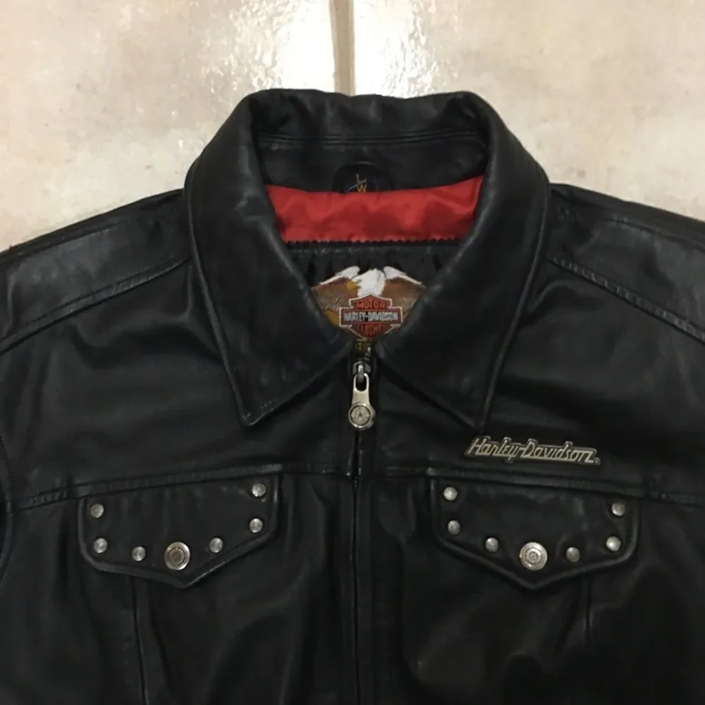 HARLEY DAVIDSON WOMENS SANTA CRUZ Black LEATHER JACKET suede eagle print sleeves